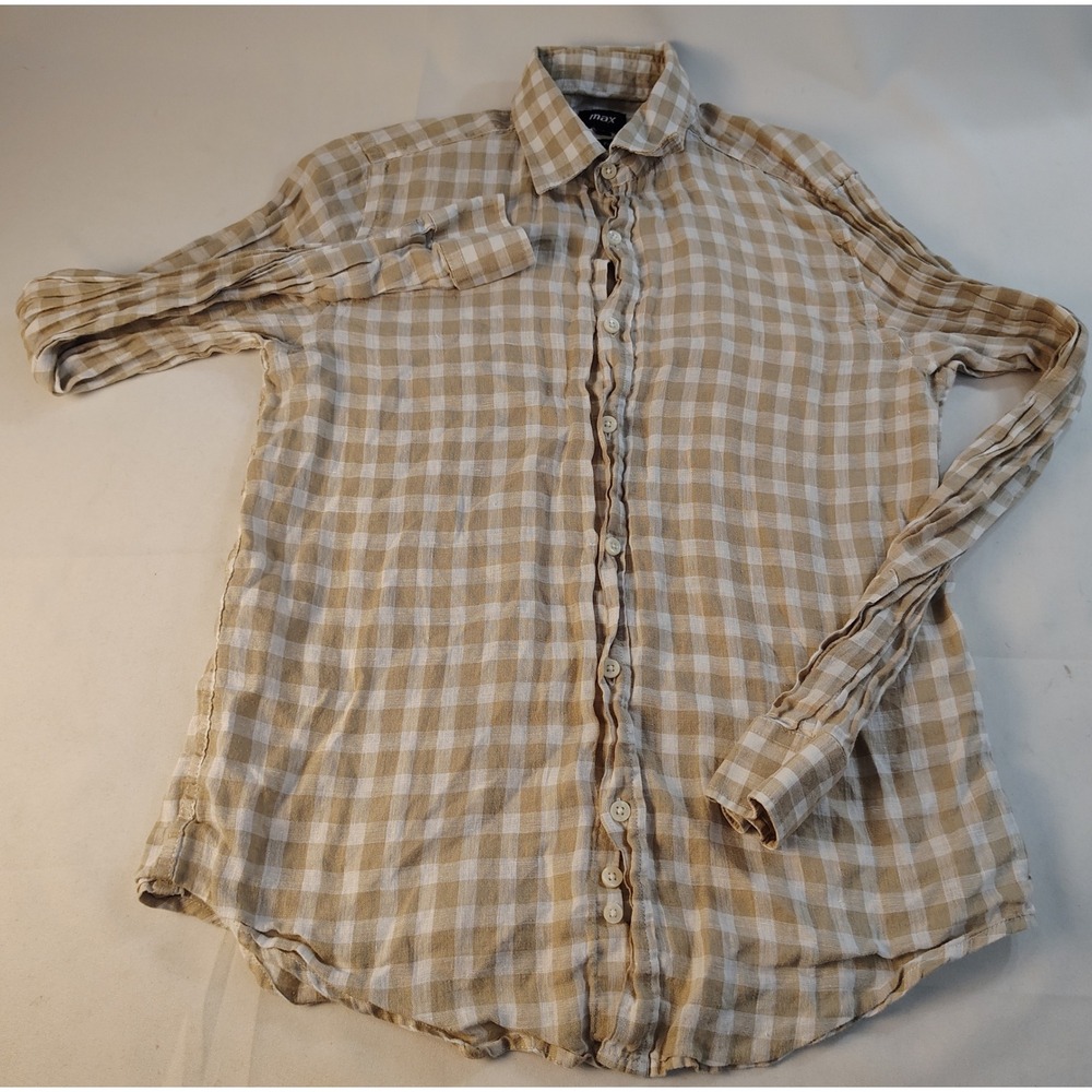 Max Mens Tan Gingham 100% Linen Long Sleeve Button Up Shirt Size Small